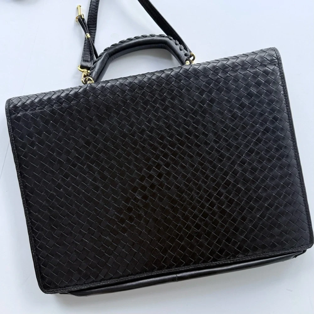 Vintage Florence Leather School / Scuola Del Cuoio Black Woven Leather Briefcase - Picture 4 of 16